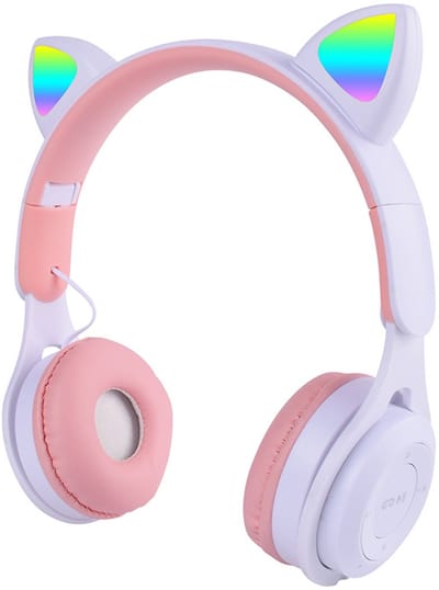 KINSI LED Kattenoren Koptelefoon - Draadloze Bluetooth Headset met Verlichte Oren - Voor Meisjes & Gaming,Wit-roze
