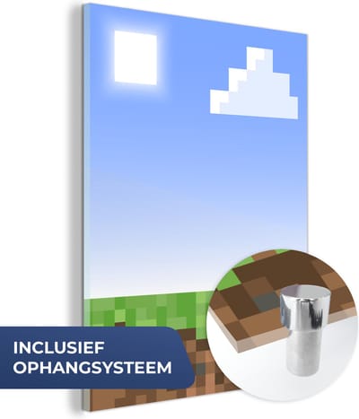 MuchoWow® Glasschilderij 30x40 cm - Schilderij acrylglas - Gaming - Pixel - Gamen - Gras - Foto op glas - Schilderijen