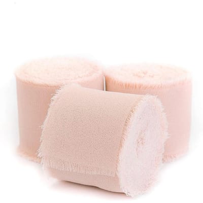 Rouleau de ruban de soie effiloché de 5 m, bordure froissée, mousseline de soie, fait à la main, déchiré, pour bouquet de fleurs de mariage, emballage cadeau, décorations, bricolage rose clair