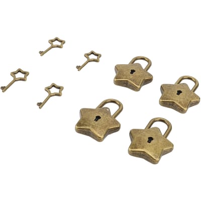 4 Set Schatkist Hangslot Mini Metalen Dagboek Sieradendoos Decoratief Slot met Sleutel S007 Vijfpuntige Ster Vormig bronze beige