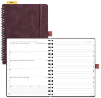 Agenda 2025-2026 Weekplanner met Notitieboek - 22 x 16,5 cm, Zachte Spiral Binding, Maandtabs, 80 GSM Papier, Roestbruin