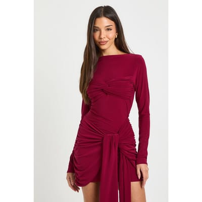 boohoo Dames Gerimpelde Mini Jurk met Twist Detail | Bordeaux Rood | Maat: 36