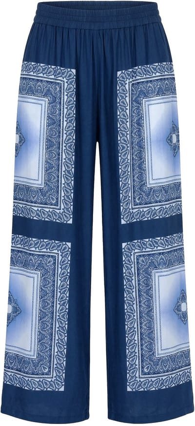 Studio Untold - Dames - Broek wijde pijpen hoge taille sjaalprint - Donkerblauw - Maat 42+