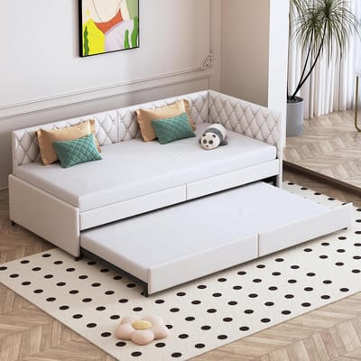 Slaapbank - Bank bed - Logeerbed creëren - Uitschuifbaar bedframe - 90 x 200 cm - Beige