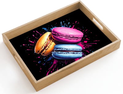 Dienblad hout 40x30 cm - Schootdienblad - Macarons - Dessert - Graffiti - Kleurrijk - Roze - Blauw - Geel - Borrelplank rechthoek - Plateau dienbladen