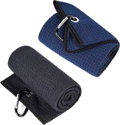 Absorberende microvezel golfhanddoeken met karabijnclip, 2 stuks, 30 x 30 cm, ideaal voor sport en outdoor activiteiten, zwart en marineblauw