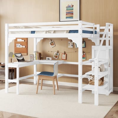MODFU Ledikant 140x200 cm – Hoogslaper met L-vormig bureau en open kledingkast – Ruimtebesparend voor tienerkamer – Wit