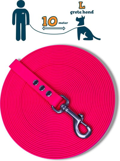 Miqdi BioThane® Sleeplijn 10 meter – zonder handvat – L/XL (19 mm) – neon roze – waterdicht & sterk