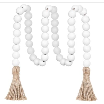 Suspension Murale Bohème à Pompons Perlés - Perles en Bois Blanc Rustique & Frange en Jute Naturel, Décoration d'Intérieur pour Tables, pour Décoration de Chambre de Mariage blanc