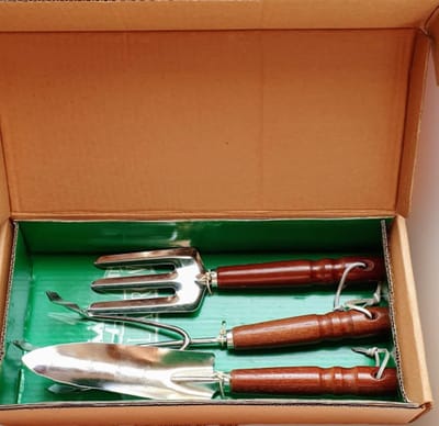 Set van 3 Tuingereedschappen – Schep, Mini‑vork & Klauw – Massief staal – Teakhouten handvat