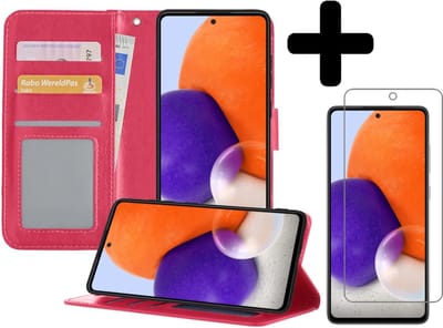 Hoesje - Met Screenprotector - Geschikt voor Samsung Galaxy A72 5G - Luxe Pasjeshouder - Bookcase Portemonee - Flip Case - Kunstleer Book Case - Flipcase - Book Cover - Walletcase - Portemonneehoes - Telefoonhoesjes - Donkerroze