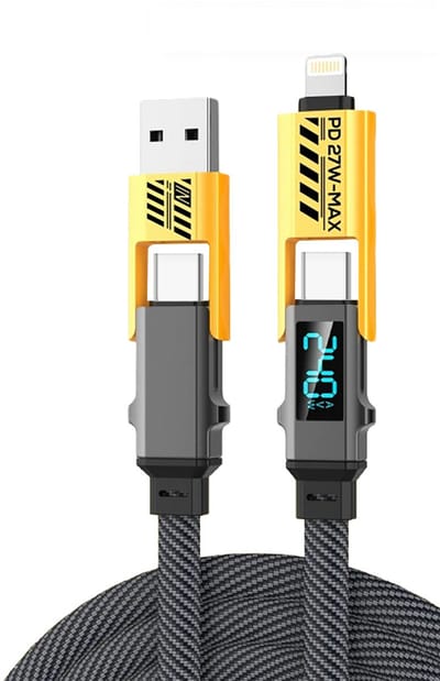 De Beste Gadgets USB-C naar USB-C Kabel 240W met Display – 4 in 1 Oplaadkabel - Snelladen PD 3.1 – Gevlochten Nylon – LED Vermogen Weergave – Geschikt voor iPhone, Samsung, MacBook & Laptop - Geel