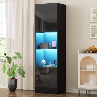 Vitrinekast - 45x35x160 cm zwart hoogglans - LED 16 kleuren & app - 1 glasplank - 60 kg draagkracht