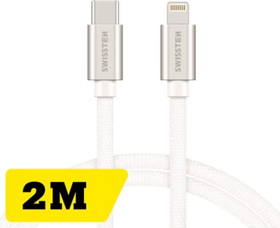Swissten Lange USB-C naar Lightning Oplaadkabel 2 meter – Power Delivery Snellader – voor iPhone & iPad – Gevlochten Nylon – Zilver