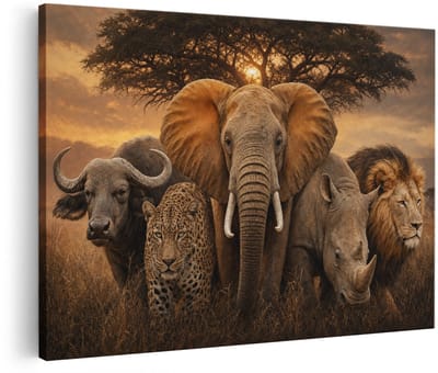 Artaza Canvas Schilderij Olifant Leeuw Luipaard Neushoorn en Buffalo - Savanne - 60x40 cm - Wanddecoratie Woonkamer - Schilderijen - Muurdecoratie