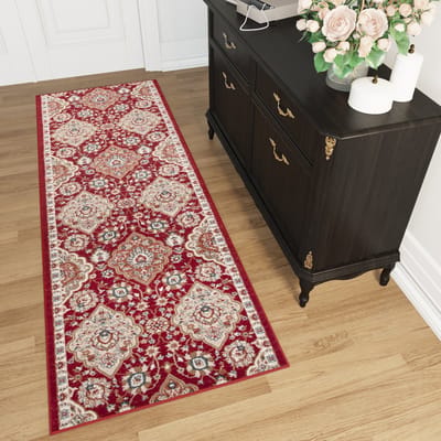 Tapiso Dubai Tapijt Loper Rood Bloemenprint Woonkamer Hal Slaapkamer Maat – 70x100