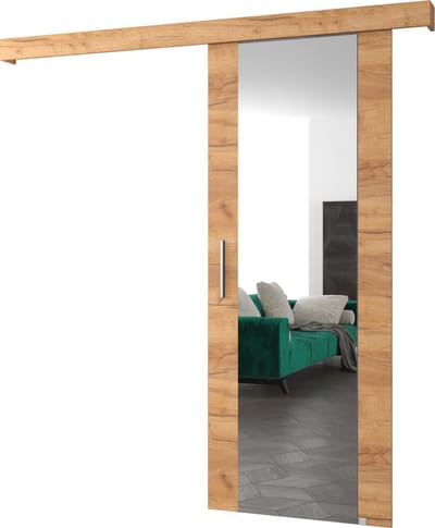 InspireMe - Schuifdeursysteem met rail en spiegel - 90x204cm - AGRA II - Gouden Eik + Gouden Eik frame + Zilver Handvat met Soft-Close system