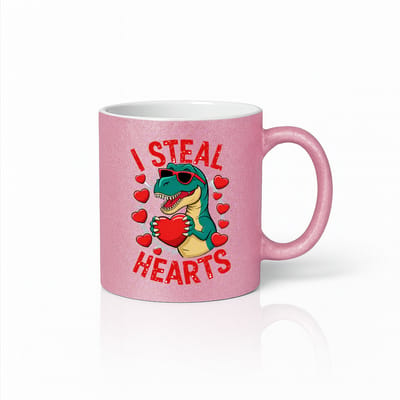 I Steal Hearts Dinosaurus Mok 330ml – Roze Glitter Koffiemok met Grappige T-Rex Valentijnsprint – Schattig Romantisch Cadeau