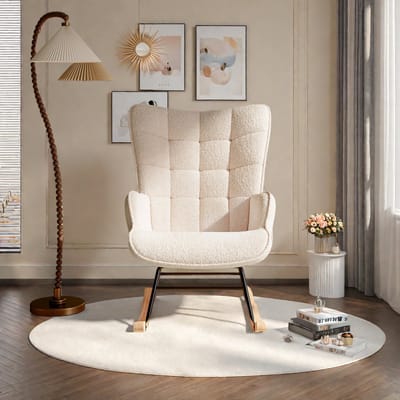 Beige Teddy Schommelstoel – Comfortabele Relaxstoel met Houten Onderstel, Zachte Teddystof, Moderne Fauteuil voor Woonkamer & Slaapkamer