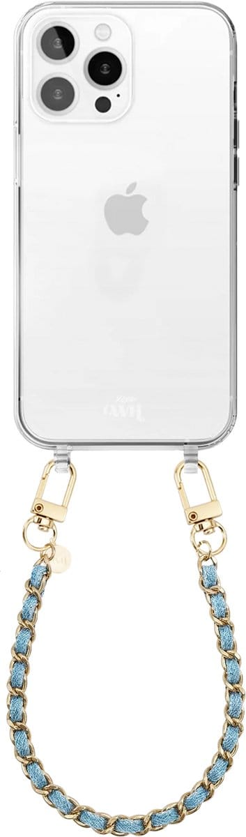 xoxo Wildhearts siliconen hoesje geschikt voor iPhone 16 Pro Max - Classic Chain - Denim (kort koord) - Telefoonhoesje - Hoesje met koord - Schakelketting - Kort telefoonkoord - Denim blauw met goud - Transparant hoesje