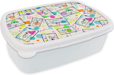 Broodtrommel Wit - Lunchbox - Brooddoos - Patronen - Retro - Cassette - Jaren 80 - 18x12x6 cm - Volwassenen