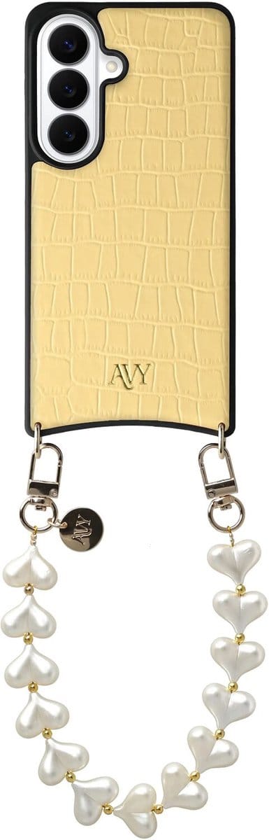AVY Leren Hoesje Geschikt voor Samsung Galaxy S26 | Compatibel met MagSafe | Leather Case met Telefoonkoord | Polsband | Croco Geel | Cupid Pearl