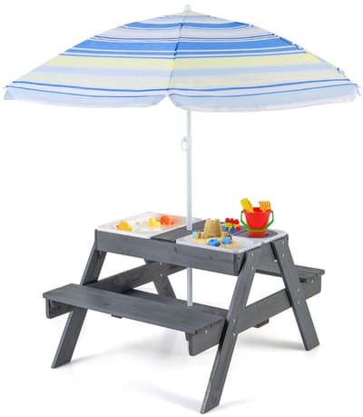Picknicktafel - Kinderen - Tuintafel - Multifunctionele Picknick tafel - Met parasol - Speeltafel - Geschikt voor Buiten - Hout - Grijs