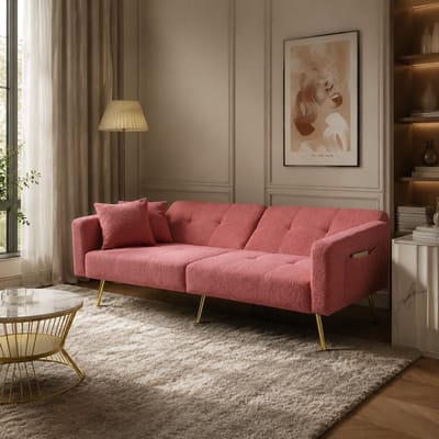 Slaapbank 2 Persoons - Slaapbanken - Sofa - Logeerbed - Verstelbare rugleuning - Gouden poten - met rugleuning - met armleuningen - zijvakken - roze