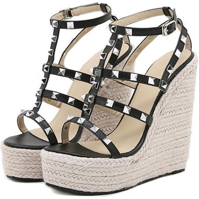Zomer Wedge Schoenen Voor Vrouwen Mode Klinknagel Ontwerp Enkelband Platform Sandalen Stro Touw Weefsel Dames Hoge Hakken 39 zwart