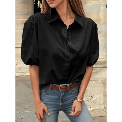 Dames Blouse met Kraag en Pofmouwen Knopen Casual Zomer Top S black