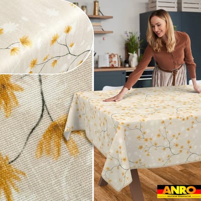 ANRO Tafelkleed Bloemen en vogels Beige 160x100cm Met sierband Afwasbaar Waterafstotend
