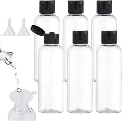 Set van 6 Reisbottles van 100ml - Transparante Plastic Flessen met 2 Kleine Trechters voor Vliegtuigreizen en Toilettassen