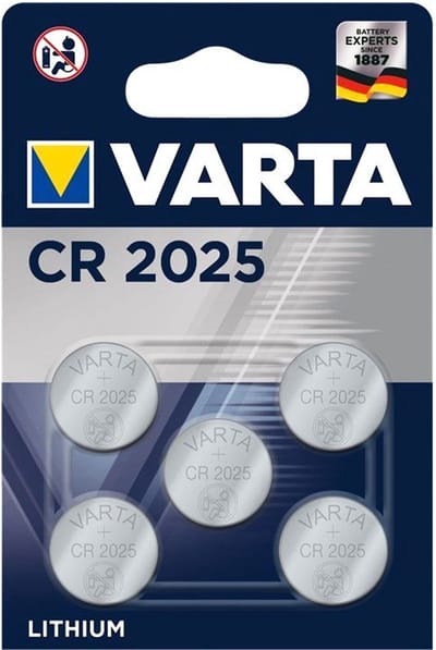 Varta CR2025 lithiumbatterij in een verpakking van 5