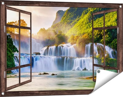 Gards Tuinposter Doorkijk Watervallen tussen de Bomen - 90x60 cm - Tuindoek - Tuindecoratie - Wanddecoratie buiten - Tuinschilderij