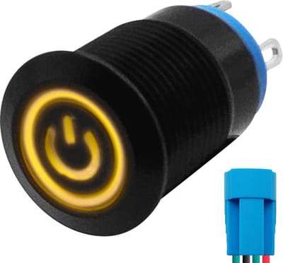 ProRide Metalen Drukschakelaar ON-OFF met Aansluitkabel - 12mm - Spatwaterdicht - 12V/24V - LED Indicatie Geel