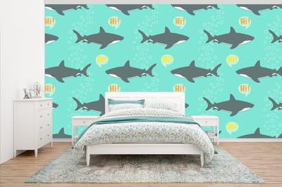 Behang - Fotobehang Patronen - Water - Haai - Jongens - Jongetje - Kind - Kids - Breedte 500 cm x hoogte 280 cm