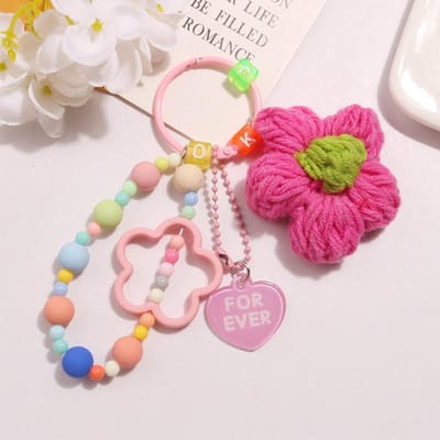 Cartoon wol gebreide bloemen sleutelhangers kralen polsbandje lanyard armband sleutelhanger voor vrouwen meisje tas hanger bedels sleutelhanger cadeau pink