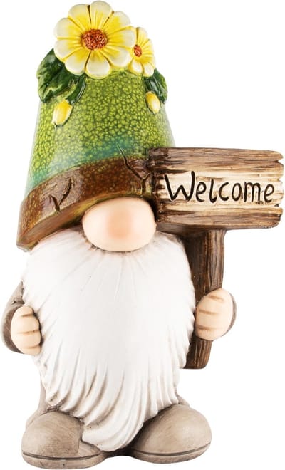 Dekoratief | Gnoom m/bloempot op hoofd, 'Welcome', TC, 27x19x40cm | A240921