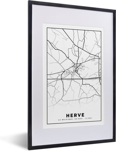 Fotolijst incl. Poster Zwart Wit- Zwart Wit – België – Plattegrond – Stadskaart – Kaart – Herve - 40x60 cm - Posterlijst