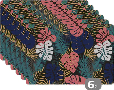 Placemat - Placemats kunststof - Flora - Goud - Patronen - Hawaii - Tropisch - 45x30 cm - 6 stuks - Hittebestendig - Anti-Slip - Onderlegger - Afneembaar