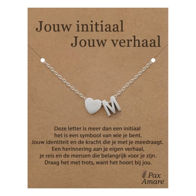 Letter M ketting op Cadeau Kaartje - Jouw initiaal, jouw verhaal - 45cm Zilverkleurig Stainless Steel - Initiaal & Hartje Hanger - Pax Amare