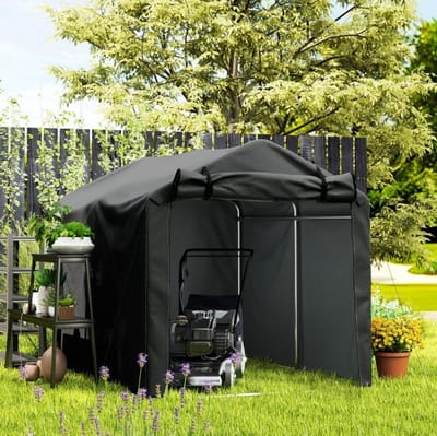 MEUNIQ Garagetent 220 x 157 x 165 cm met roldeur, PE opslagtent met stalen frame, waterdicht en UV-bestendig, voor tuin en buitenopslag, zwart