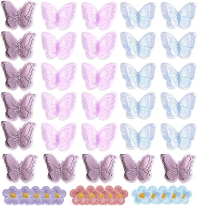 Kanten Vlinder Applicaties en Bloemen Opstrijkpatches voor DIY Naaien, Dubbelgelaagde Geborduurde Organza Decoraties, 30 Stuks en 15 Stuks