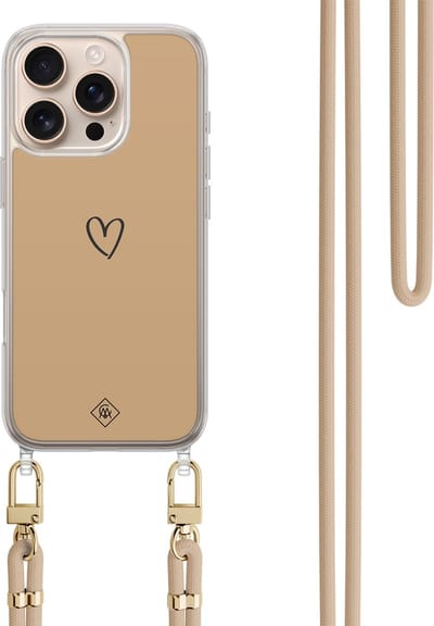 Casimoda® hoesje met koord - Geschikt voor iPhone 16 Pro - Hart Bruin - Afneembaar koord - TPU/polycarbonaat - Bruin/beige