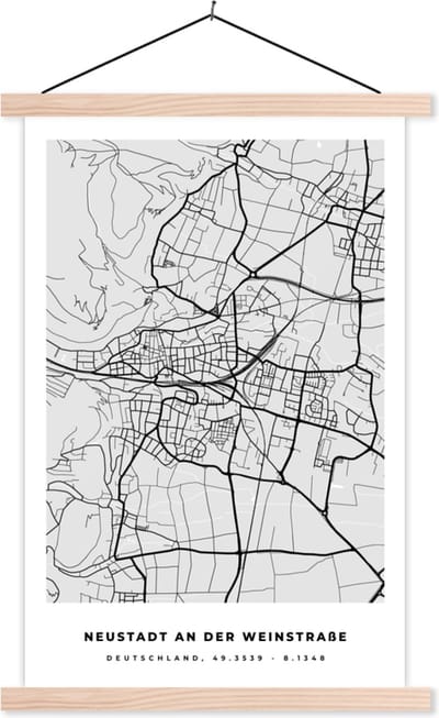 Posterhanger incl. Poster 40x60 cm - Schoolplaat - Plattegrond - Duitsland - Neustadt An Der Weinstraẞe - Kaart - Stadskaart - Textielposter - Blanke latten - Stadskaart