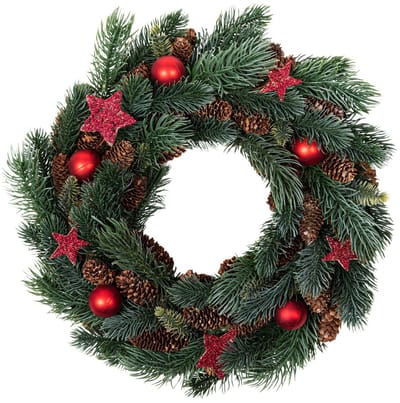HI Kerstkrans - gedecoreerd - D34 x 8 cm - rood - dennenappels - kunststof - kerstdecoratie - kerstversiering