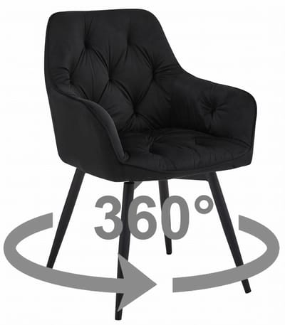 Stoel JORK 360 - Zwart Velvet - Zwarte Metaalpoten - Luxe Eetkamerstoel - Fauteuil - Met Armleuning - 360° Draaibaar - Modern Design - Elegant en Comfortabel voor Woonkamer, Keuken of Eetkamer - Max. 110 kg