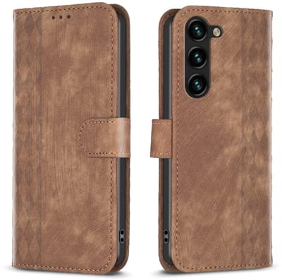 Voor Samsung Galaxy S24+ 5G geruit lederen telefoonhoesje met reliëf (bruin)