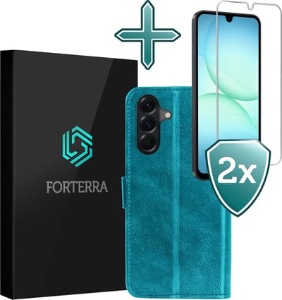 Hoesje Met 2x Screenprotector - Geschikt voor Samsung Galaxy A17 - Luxe Pasjeshouder - Flip Case - Bookcase Portemonee - Kunstleer Book Case - Flipcase Hoes - Book Cover - Walletcase - Portemonneehoes - Turquoise