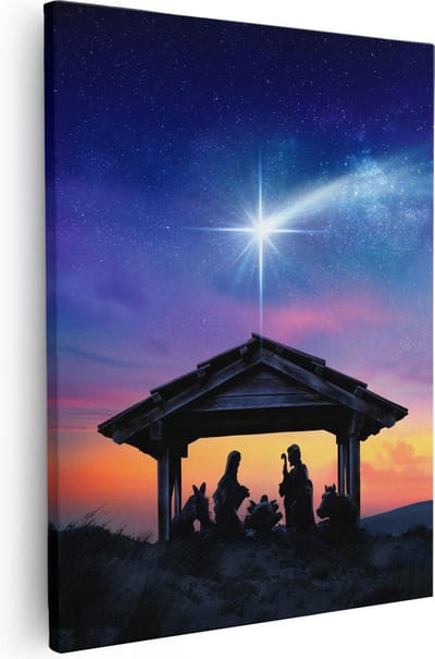 Artaza Canvas Schilderij Geboorte Jezus - 40x50 cm - Christelijke Muurdecoratie - Wanddecoratie Zonsondergang - Kamer Accessoires